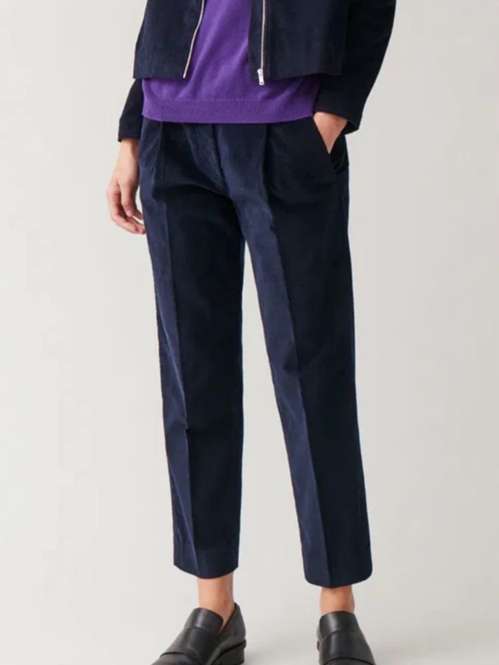 COS Navy Corduroy Trousers US 8 High Waisted Single Pleated Barrel US 8 Academia